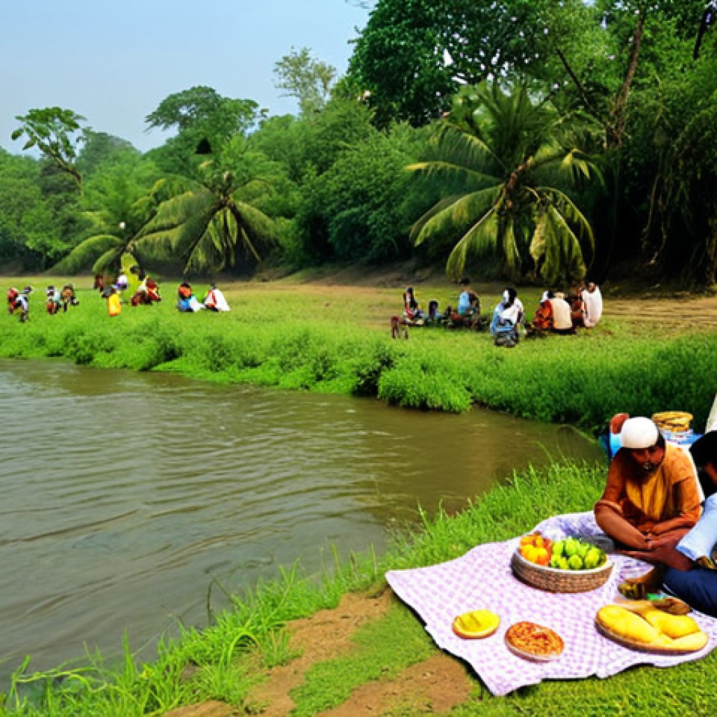**Image Prompt:** Picnic by a river in rural Bengal. Lush green landscape, flowing river, people enjoying homemade food (sandwiches, fruits) under a sunny sky. Focus on the peaceful, relaxing atmosphere.