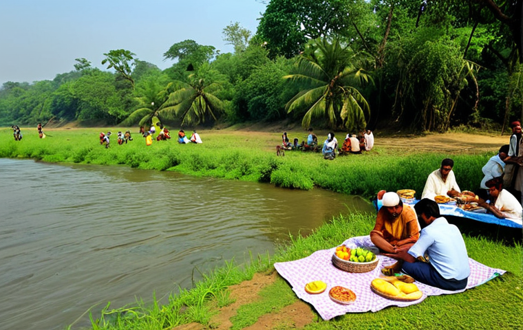 **Image Prompt:** Picnic by a river in rural Bengal. Lush green landscape, flowing river, people enjoying homemade food (sandwiches, fruits) under a sunny sky. Focus on the peaceful, relaxing atmosphere.