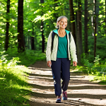 A professional adult figure in modest, comfortable activewear, including hiking pants, a breathable top, and a light jacket, with sturdy walking shoes, leisurely walking on a well-maintained forest trail. Dappled sunlight filters through the lush green trees, creating a peaceful and invigorating atmosphere. Professional photography, high detail, fully clothed, appropriate attire, modest clothing, safe for work, appropriate content, perfect anatomy, correct proportions, natural pose, well-formed hands, proper finger count, natural body proportions, family-friendly.
