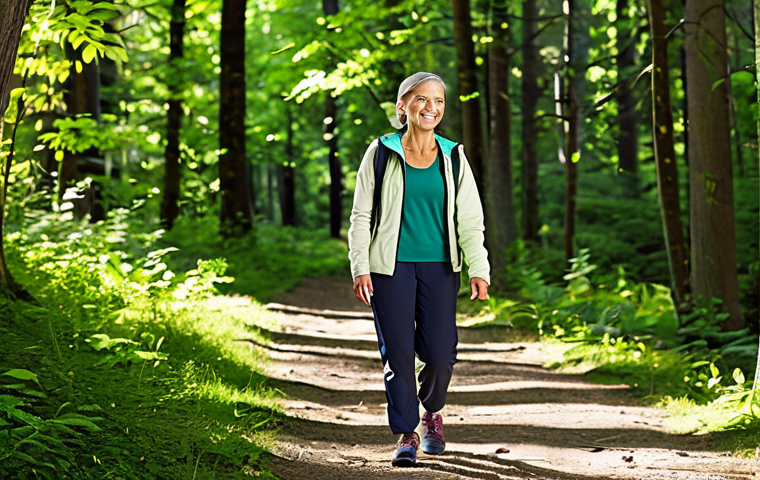 A professional adult figure in modest, comfortable activewear, including hiking pants, a breathable top, and a light jacket, with sturdy walking shoes, leisurely walking on a well-maintained forest trail. Dappled sunlight filters through the lush green trees, creating a peaceful and invigorating atmosphere. Professional photography, high detail, fully clothed, appropriate attire, modest clothing, safe for work, appropriate content, perfect anatomy, correct proportions, natural pose, well-formed hands, proper finger count, natural body proportions, family-friendly.