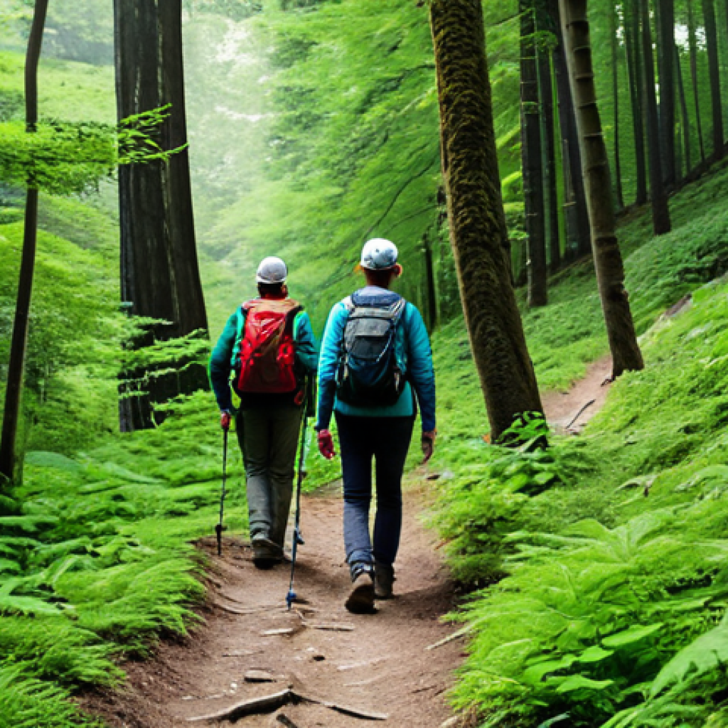 ** Team of professionals fully clothed in appropriate hiking attire, navigating a lush green forest trail, safe for work, perfect anatomy, natural proportions, professional photography, high quality, modest dress, family-friendly.
**