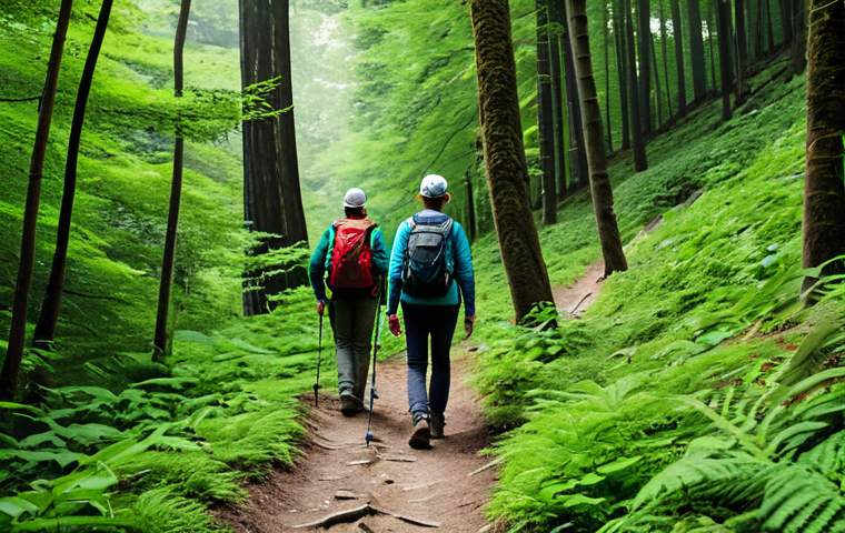 ** Team of professionals fully clothed in appropriate hiking attire, navigating a lush green forest trail, safe for work, perfect anatomy, natural proportions, professional photography, high quality, modest dress, family-friendly.
**