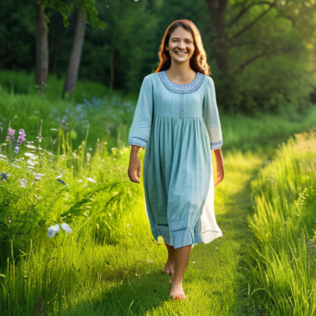 **
A serene woman in a modest, flowing dress walks barefoot through a lush green meadow at sunrise. Sunlight filters through the trees. She is smiling gently, looking peaceful and content. Background includes wildflowers and a distant stream. Perfect anatomy, natural pose, fully clothed, appropriate attire, safe for work, family-friendly, high quality.
**