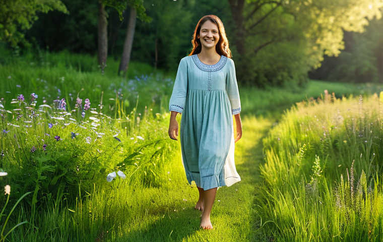 **
A serene woman in a modest, flowing dress walks barefoot through a lush green meadow at sunrise. Sunlight filters through the trees. She is smiling gently, looking peaceful and content. Background includes wildflowers and a distant stream. Perfect anatomy, natural pose, fully clothed, appropriate attire, safe for work, family-friendly, high quality.
**