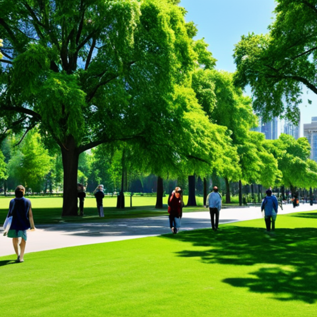 **
"A serene park scene with lush green trees and a clear blue sky, fully clothed people walking and relaxing, appropriate attire, safe for work, perfect anatomy, natural proportions, family-friendly atmosphere, daytime setting, high quality, professional photography."
**
