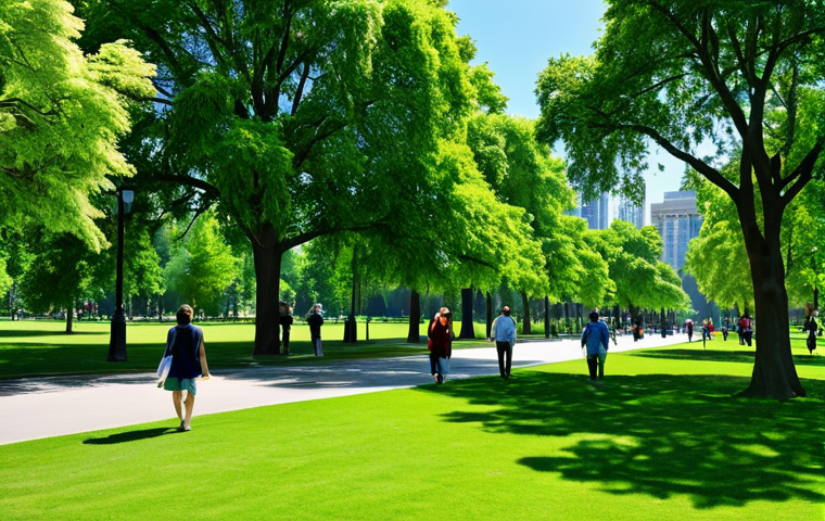 **

"A serene park scene with lush green trees and a clear blue sky, fully clothed people walking and relaxing, appropriate attire, safe for work, perfect anatomy, natural proportions, family-friendly atmosphere, daytime setting, high quality, professional photography."

**