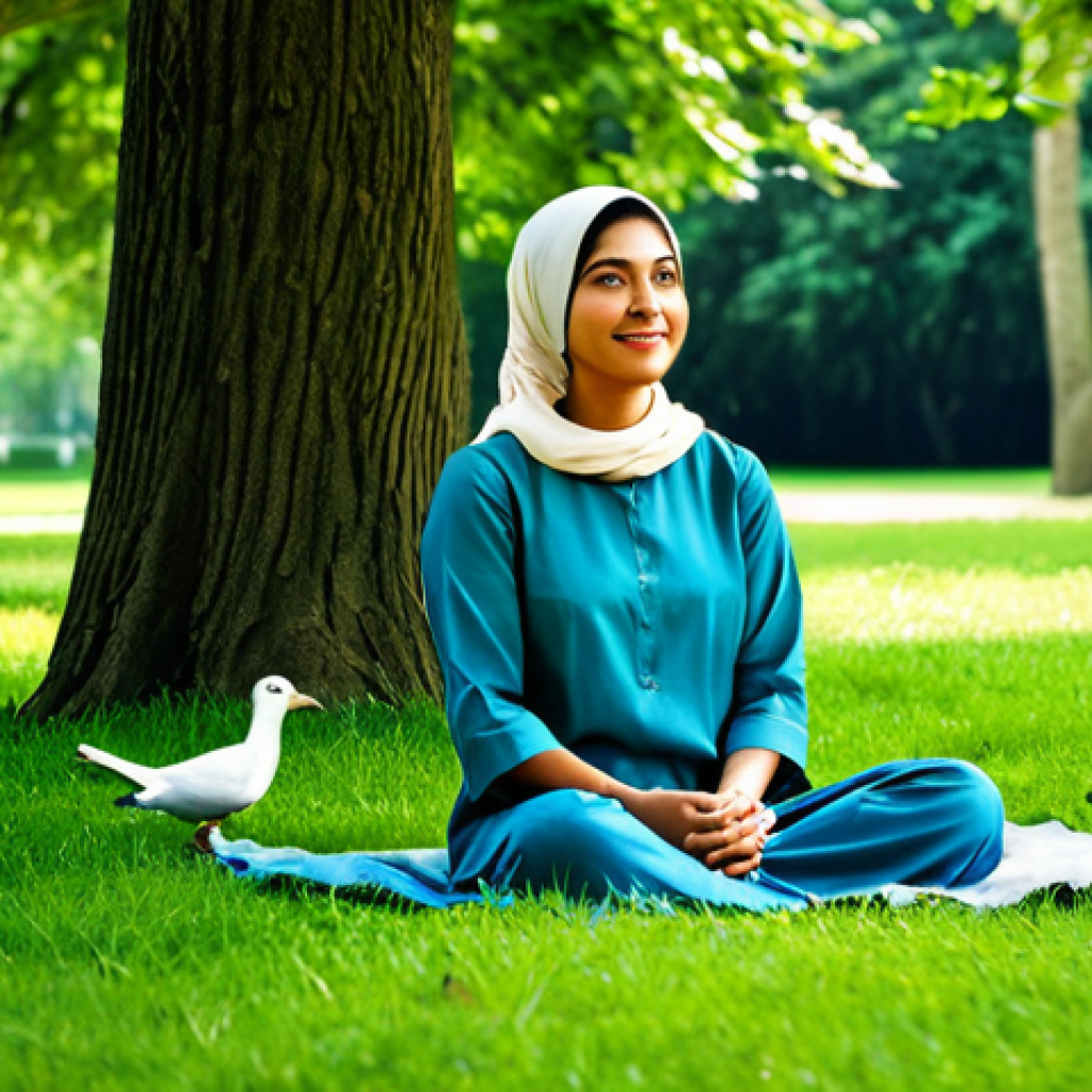 아웃도어 테라피의 심리적 혜택 - **
"A woman in modest, comfortable clothing, sitting peacefully on green grass in a lush park, full...