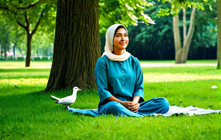 아웃도어 테라피의 심리적 혜택 - **

"A woman in modest, comfortable clothing, sitting peacefully on green grass in a lush park, full...