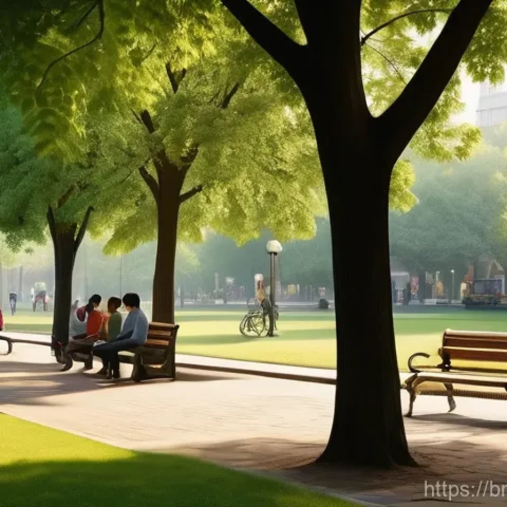 아웃도어 테라피와 소통의 중요성 - **"A serene, vibrant urban park bathed in soft, warm sunlight. Families and friends are gently strol...