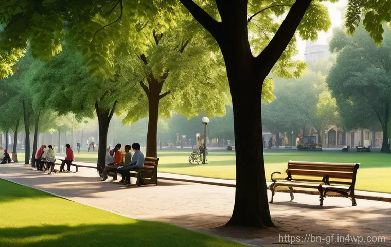 아웃도어 테라피와 소통의 중요성 - **"A serene, vibrant urban park bathed in soft, warm sunlight. Families and friends are gently strol...