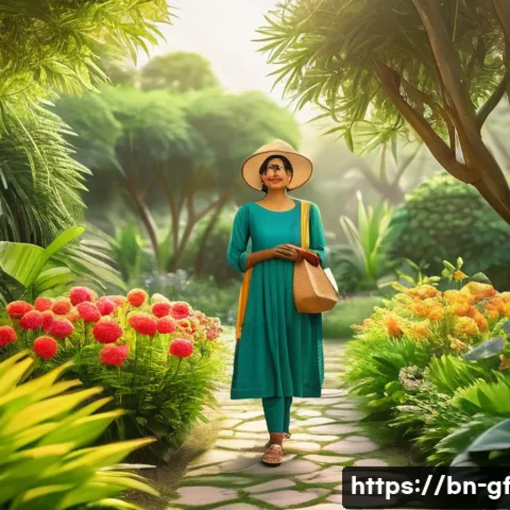 아웃도어 테라피 관련 온라인 커뮤니티 - A serene outdoor scene of a Bengali woman walking thoughtfully in a lush garden during early morning...