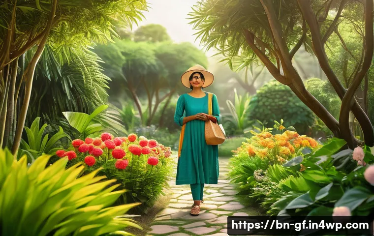 아웃도어 테라피 관련 온라인 커뮤니티 - A serene outdoor scene of a Bengali woman walking thoughtfully in a lush garden during early morning...