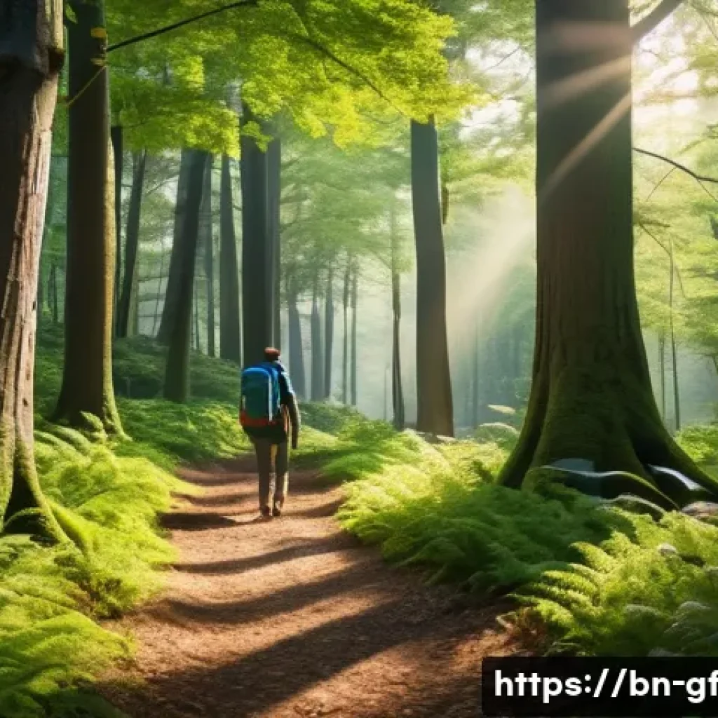 아웃도어 테라피로 자연을 경험하기 - A serene forest scene featuring a young adult walking along a lush, green trail surrounded by tall t...