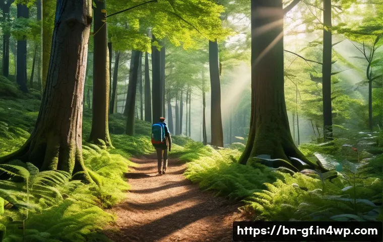 아웃도어 테라피로 자연을 경험하기 - A serene forest scene featuring a young adult walking along a lush, green trail surrounded by tall t...