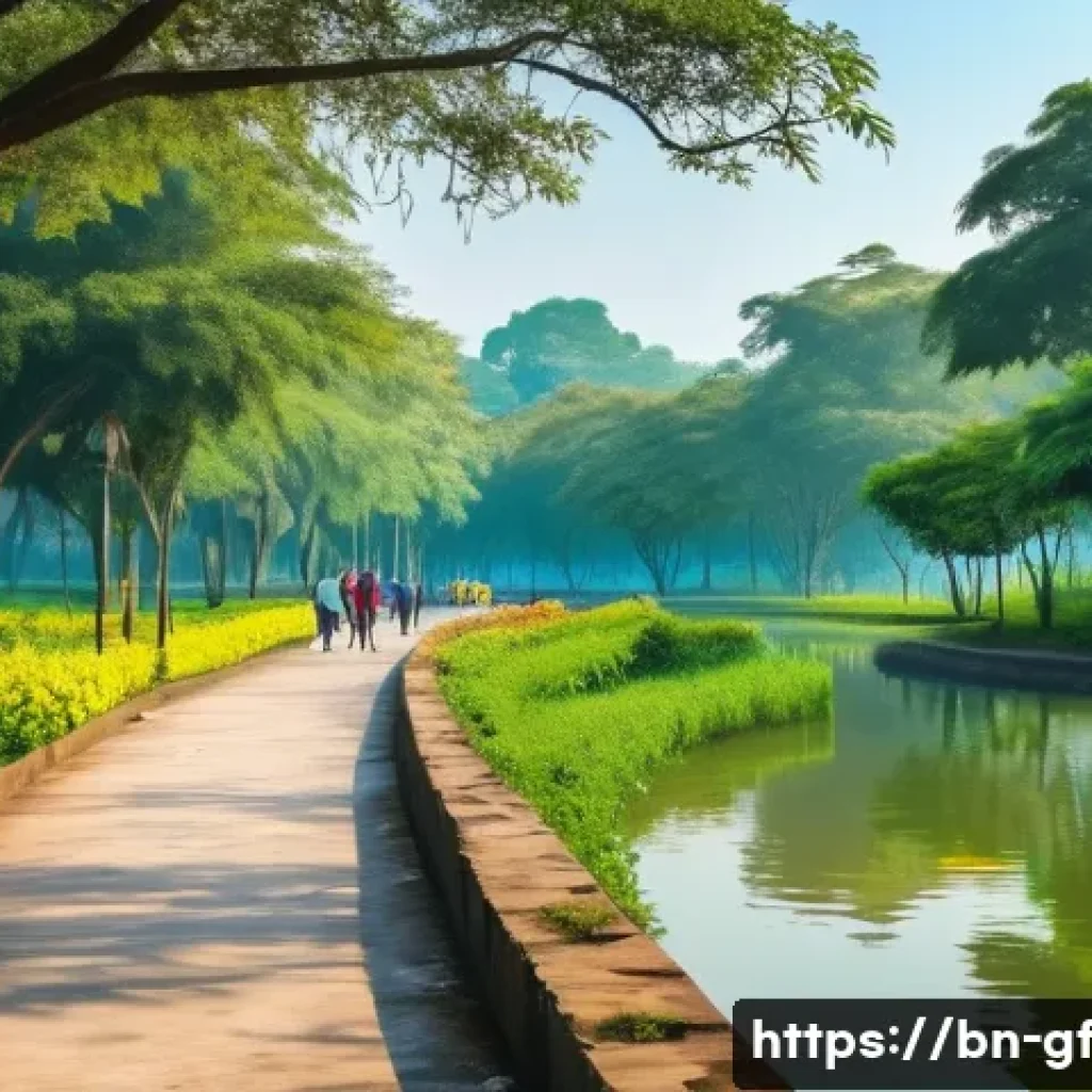 아웃도어 테라피와 사회적 연결감 - A serene park scene in Bangladesh during early morning with lush green trees, colorful blooming flow...