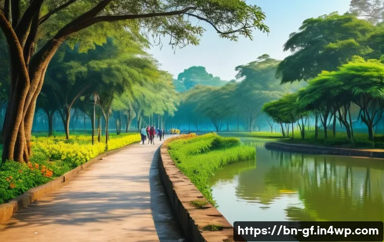 아웃도어 테라피와 사회적 연결감 - A serene park scene in Bangladesh during early morning with lush green trees, colorful blooming flow...