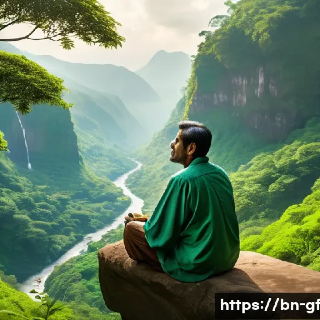 아웃도어 테라피와 여행의 연계성 - A peaceful scene of a Bengali person sitting quietly on a lush green mountainside, surrounded by den...