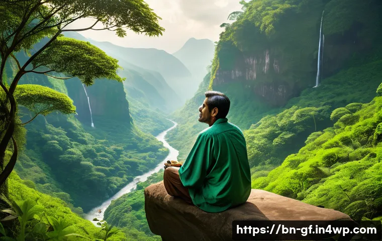 아웃도어 테라피와 여행의 연계성 - A peaceful scene of a Bengali person sitting quietly on a lush green mountainside, surrounded by den...