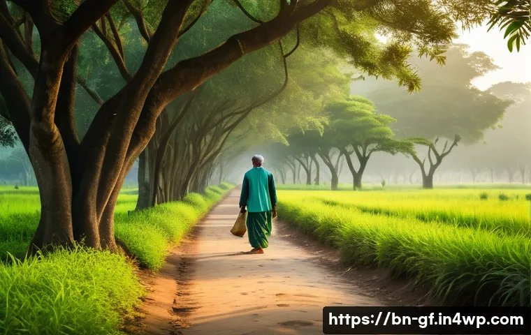 아웃도어 테라피와 정서 지능 - A serene outdoor park scene in Bangladesh during early morning, featuring lush green trees and vibra...