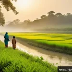 Home 21 아웃도어 테라피의 응용 분야 - A serene rural landscape at sunrise in Bangladesh, featuring lush green hills and a calm riverbank w...