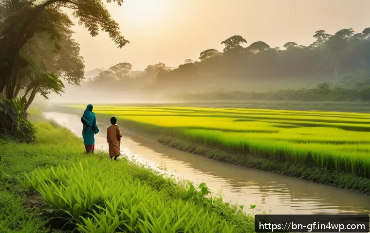 아웃도어 테라피의 응용 분야 - A serene rural landscape at sunrise in Bangladesh, featuring lush green hills and a calm riverbank w...