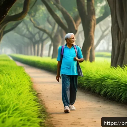 Home 32 아웃도어 테라피로 신체 건강 증진하기 - A serene early morning scene in a lush green park in Bangladesh with a middle-aged Bengali man walki...