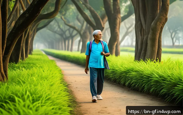 아웃도어 테라피로 신체 건강 증진하기 - A serene early morning scene in a lush green park in Bangladesh with a middle-aged Bengali man walki...