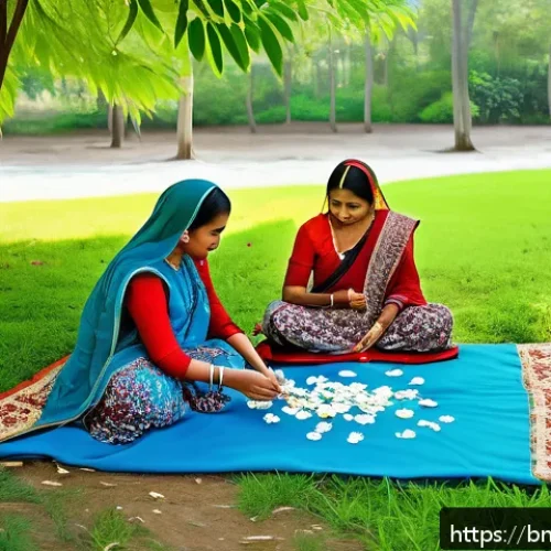 Home 31 아웃도어 테라피와 예술 활동의 융합 - A serene outdoor scene featuring a Bengali family and friends engaged in creative art therapy amidst...