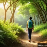 Home 18 아웃도어 테라피와 자아 존중감 - A serene forest scene featuring a young Bengali person walking alone on a narrow dirt path surrounde...