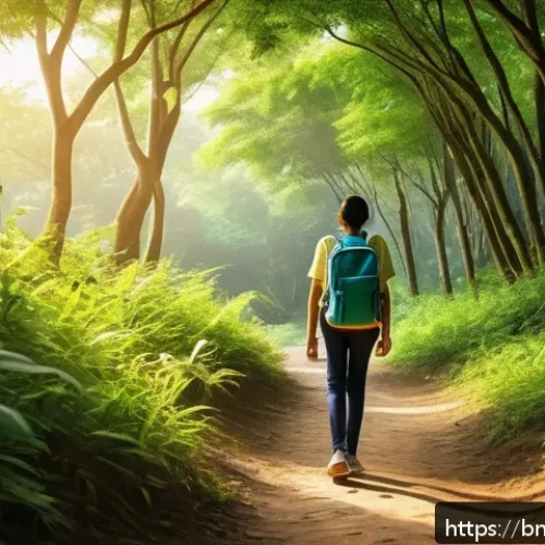 Home 30 아웃도어 테라피와 자아 존중감 - A serene forest scene featuring a young Bengali person walking alone on a narrow dirt path surrounde...