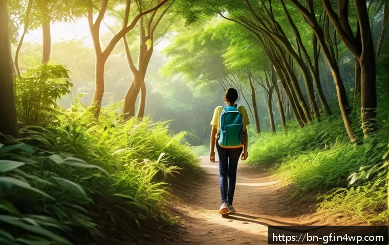 아웃도어 테라피와 자아 존중감 - A serene forest scene featuring a young Bengali person walking alone on a narrow dirt path surrounde...