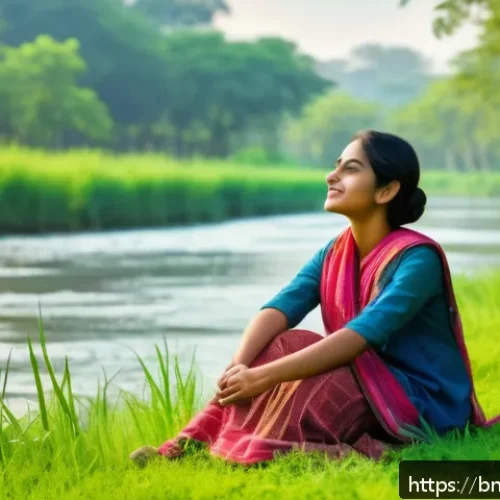 Home 17 아웃도어 테라피와 새로운 인간관계 - A serene outdoor scene featuring a young Bengali woman in casual attire, sitting peacefully on a gra...