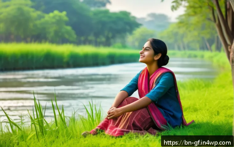 아웃도어 테라피와 새로운 인간관계 - A serene outdoor scene featuring a young Bengali woman in casual attire, sitting peacefully on a gra...
