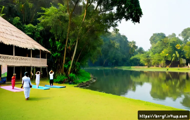 아웃도어 테라피의 경제적 기여 - Photorealistic wide-angle scene of a thriving outdoor wellness destination in rural Bangladesh, dive...